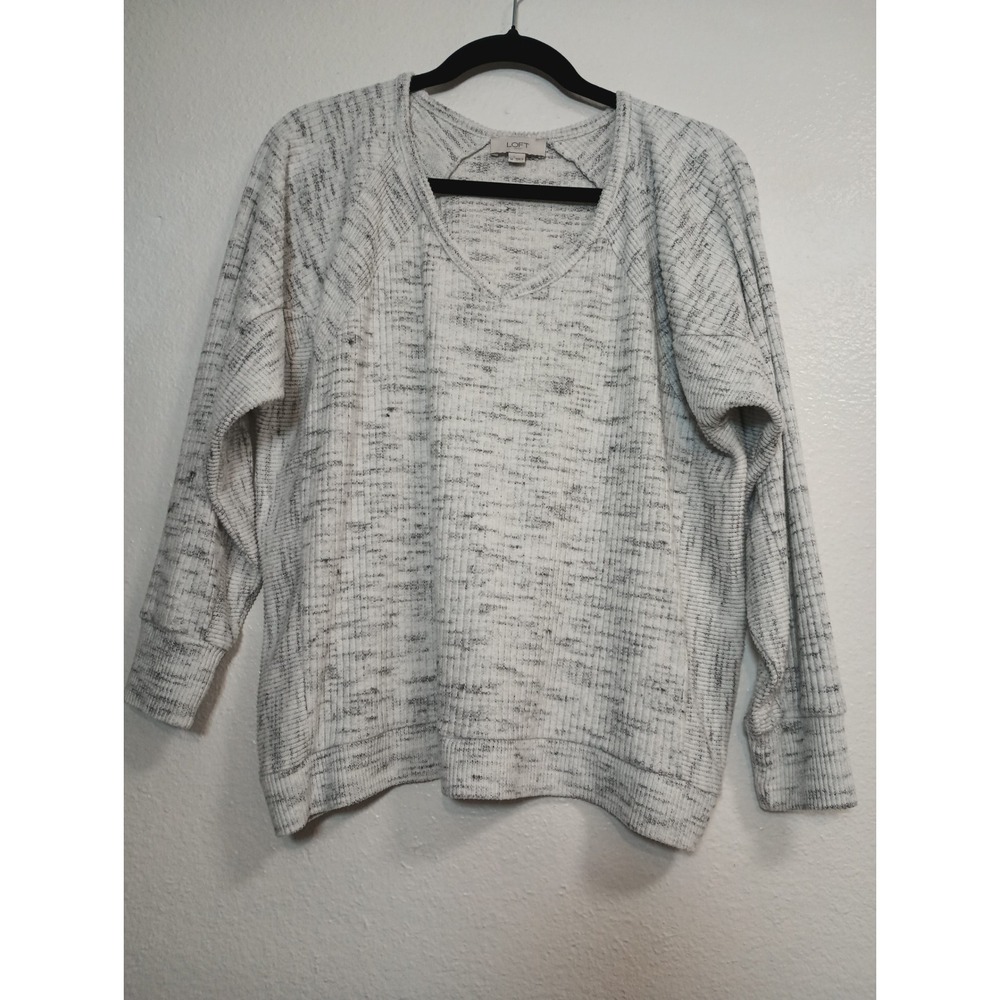 Loft Womens Grey White Space Dye Ribbed V-Neck Raglan Top Size M